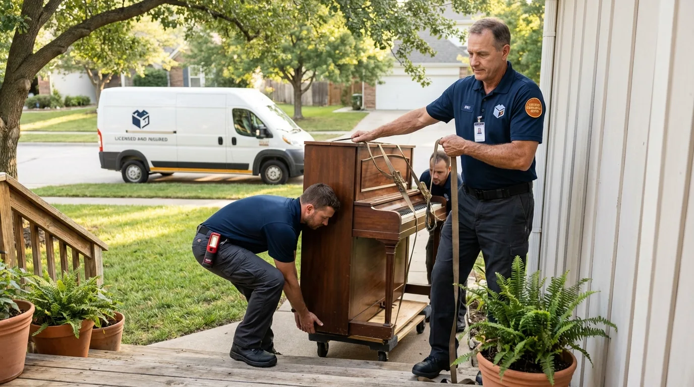 Licensed piano movers securing grand piano in Lowellville, OH