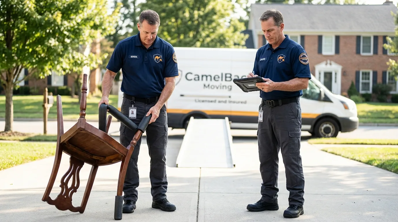 Movers inspecting furniture for damage prevention before loading in Lowellville, OH
