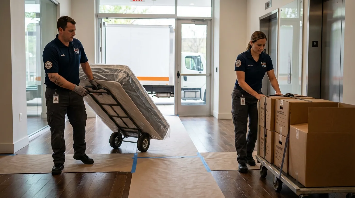 Professional apartment movers loading elevator in Lowellville, OH