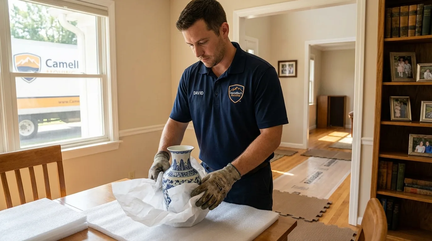 Professional crew carefully wrapping antique vase for senior downsizing move in Lowellville, OH
